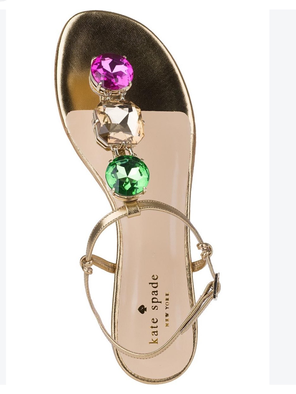 kate spade Gold Jeweled T-Strap Sandal with Green, Pink & Clear Gems Sz 9.5